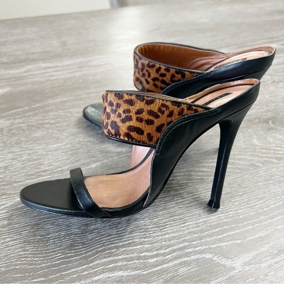 40-Schultz Black Leather and Leopard Stiletto Sandals Size: 8 Med. - Picture 9 of 12